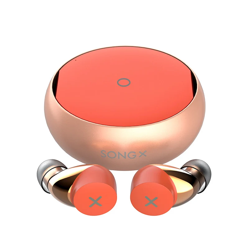 Orange SONGX wireless earbuds with charging case